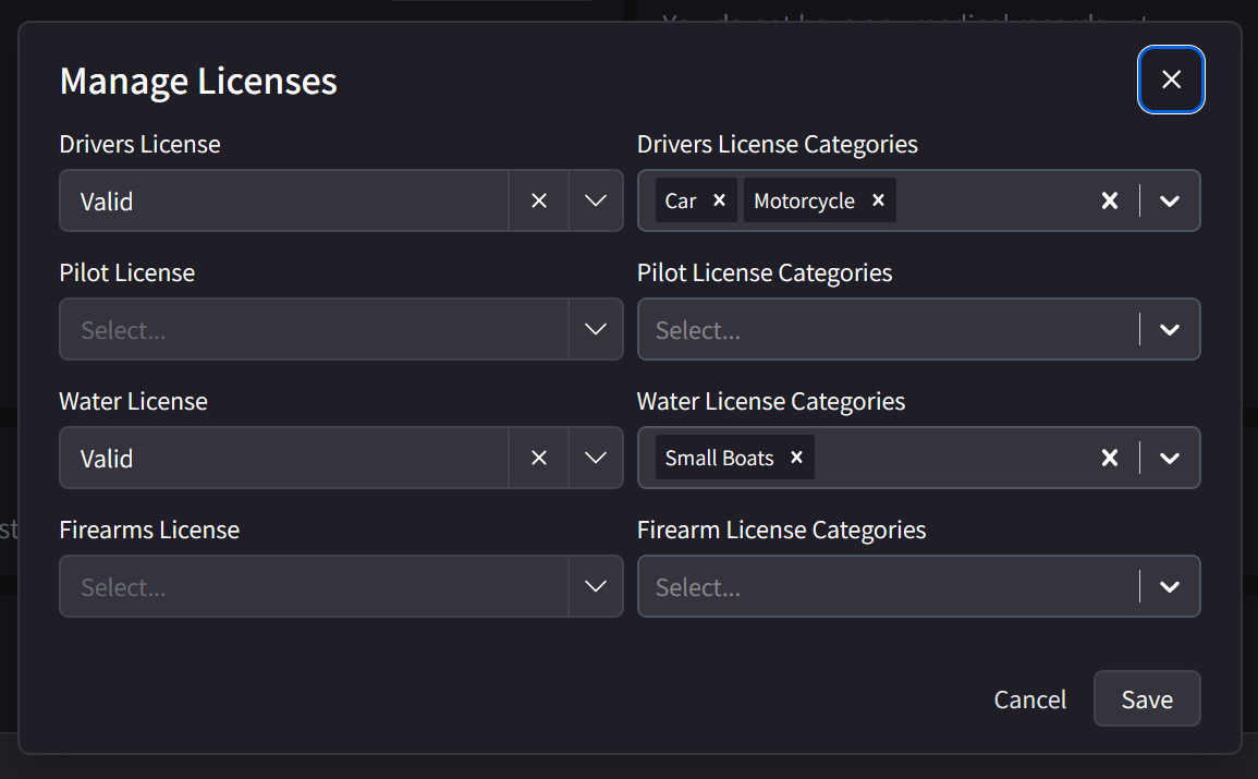 Licenses Modal